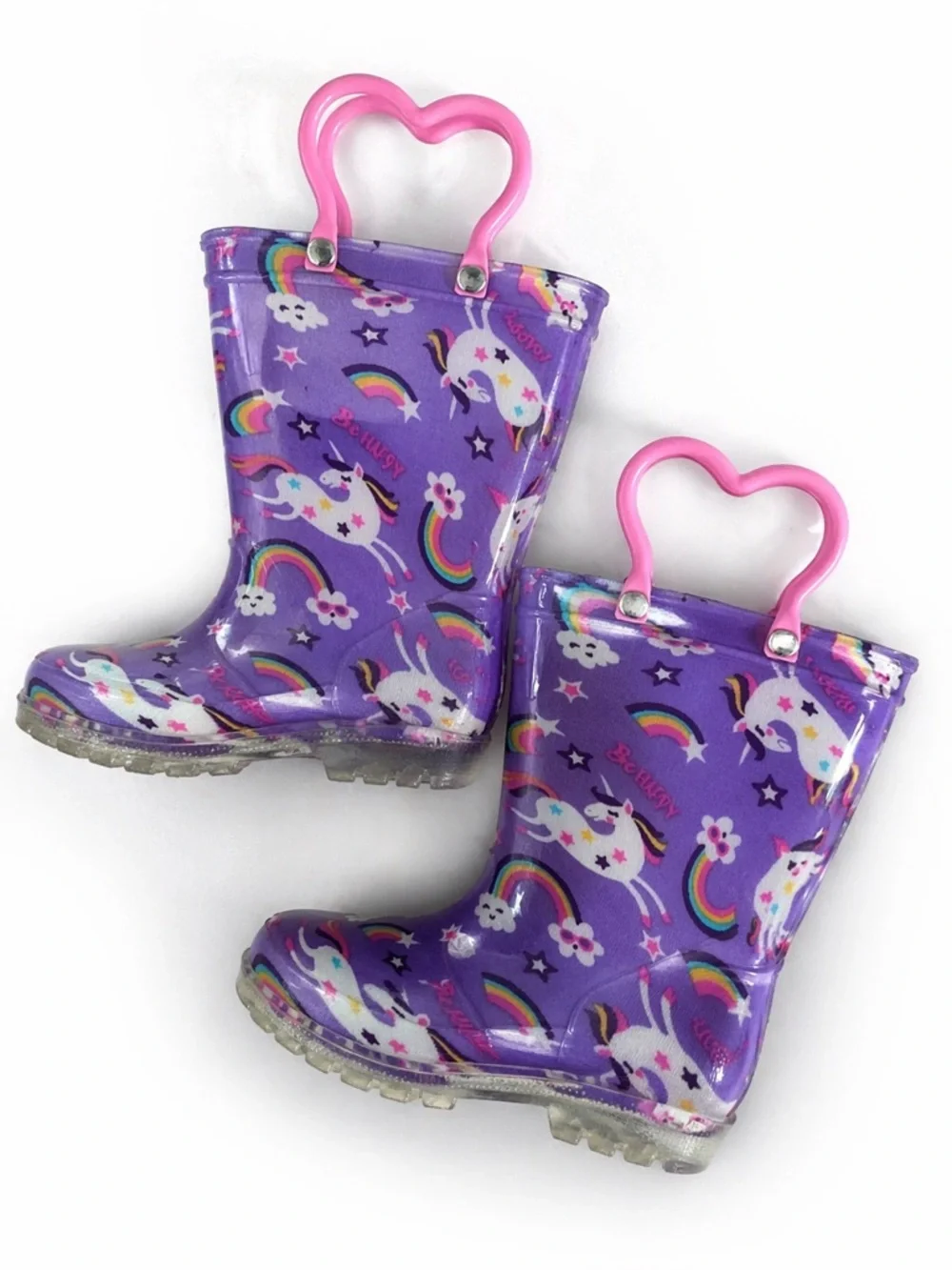 Light Up Unicorn Rainbow Rain Boots Purple Glitter Sole Girls Size 5